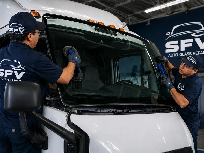 Two Auto Glass of OC technicians installing a windshield on a commercial box truck